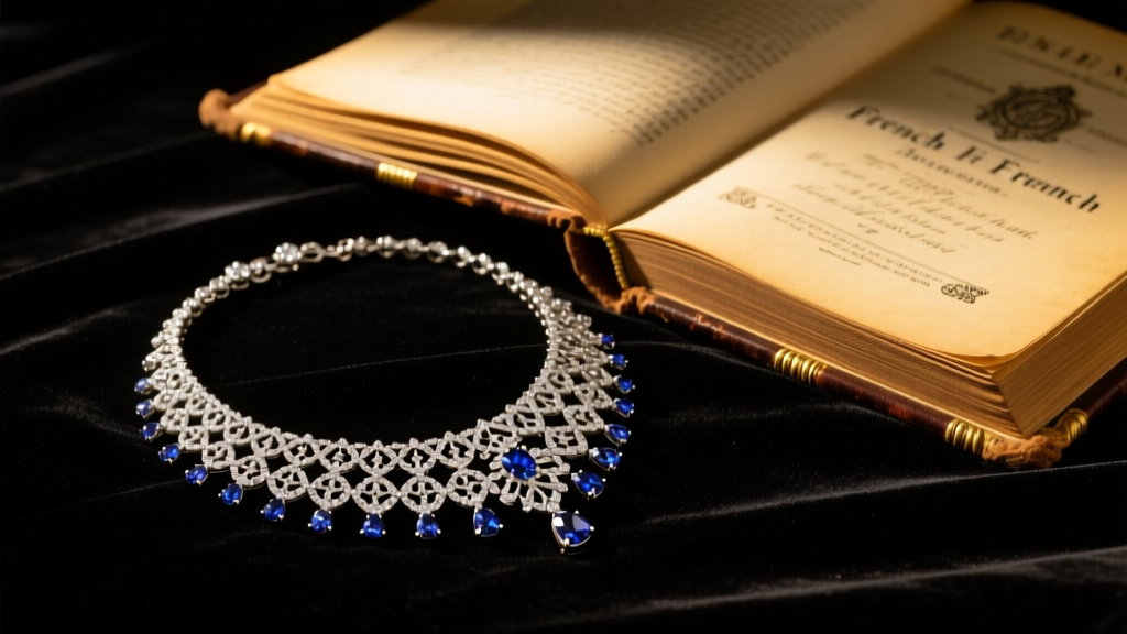 Antique diamond necklace on dark velvet next to a vintage 19th-century French book, illuminated by warm, dramatic spotlighting