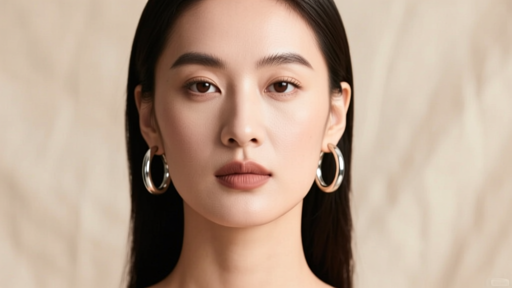 Front portrait of a woman with a square jawline wearing lightweight 50mm tubular hoop earrings against a neutral beige backdrop