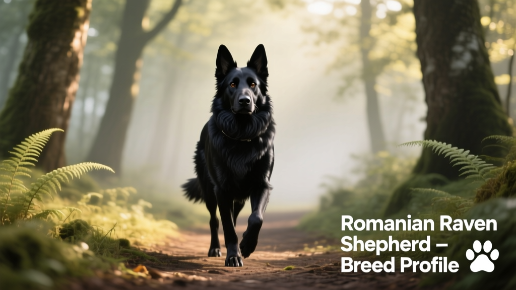 Romanian Raven Shepherd Dog walking confidently along a forest trail, showcasing its glossy black coat and alert demeanor