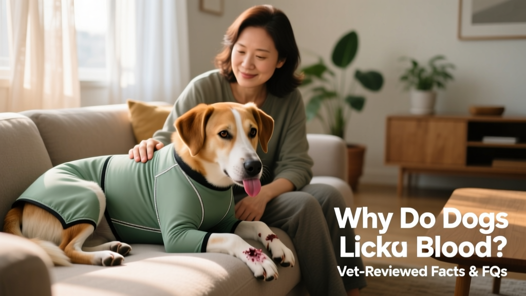 Dog wearing a soft, breathable recovery suit while calmly resting beside its owner on a couch