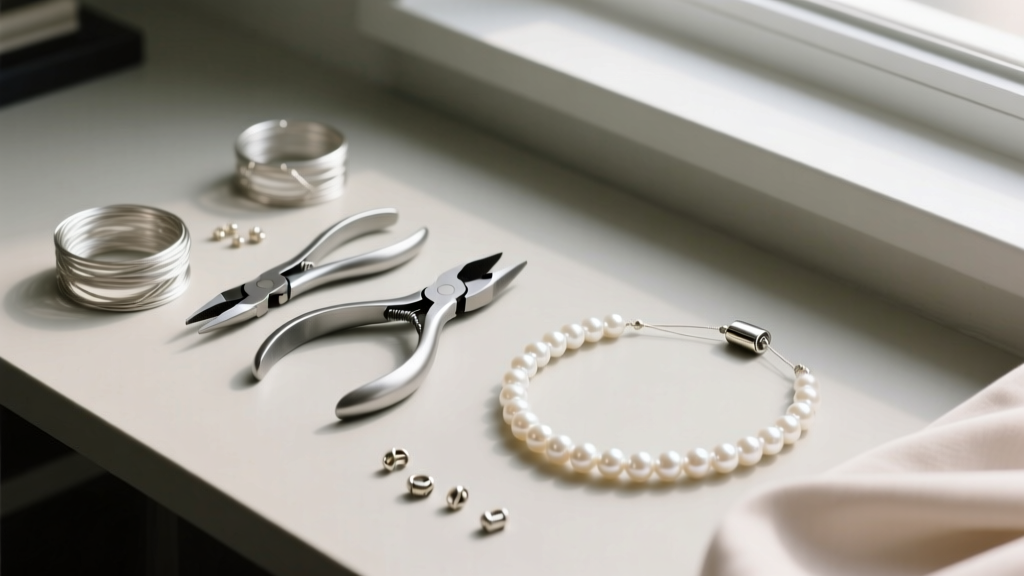 Overhead view of jewelry pliers, wire guardians, and crimp beads arranged next to a converted beaded pearl necklace with a magnetic clasp.