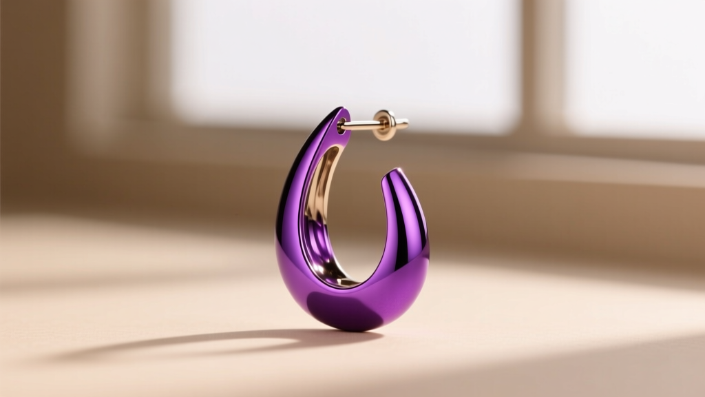 Anodized titanium teardrop earring in vibrant purple, displaying the seamless top weld against a soft, neutral studio background.
