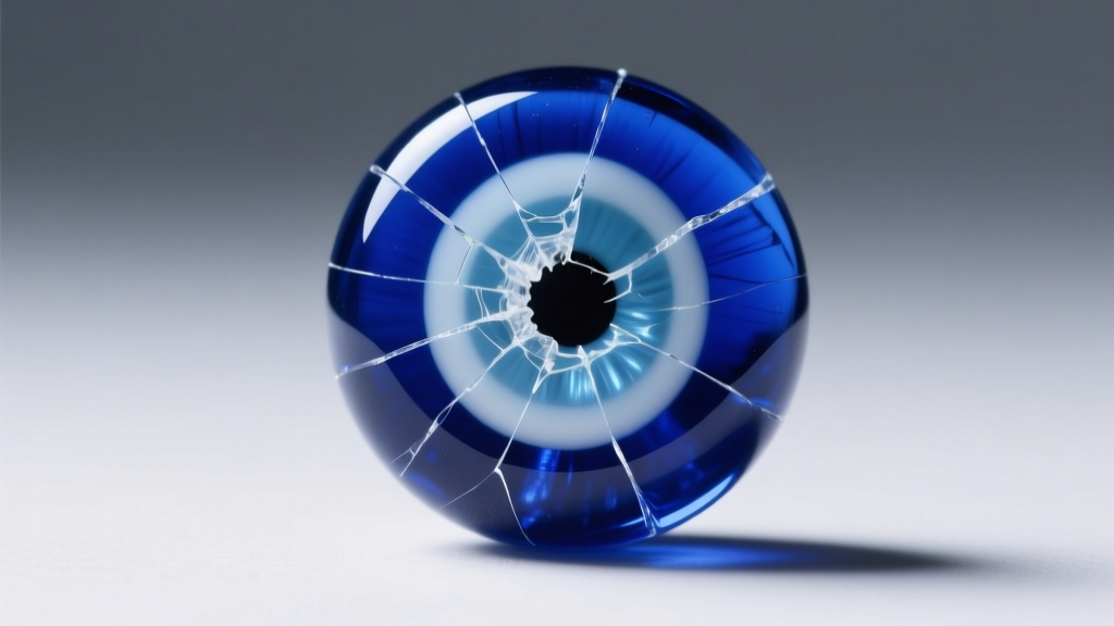 Macro photography of a cracked cobalt blue evil eye glass bead showing a hairline fracture, illuminated by soft directional light.
