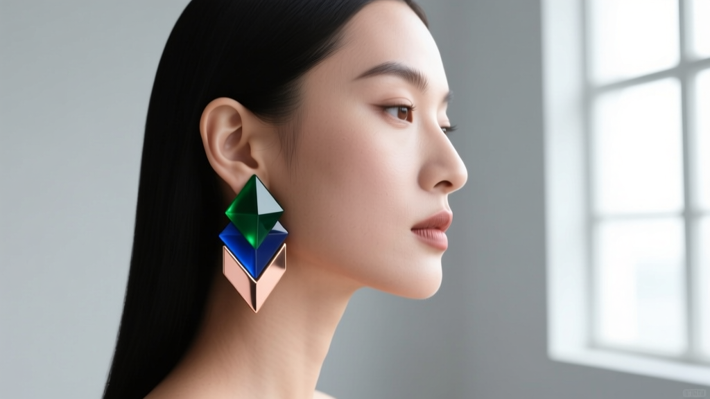 Side profile of a woman wearing medium geometric resin clip-ons earrings that perfectly complement her jawline and ear shape