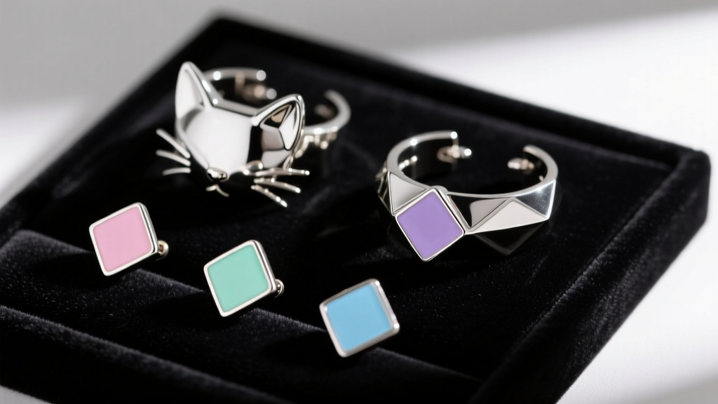 Close-up of silver cat ear cartilage cuffs and pastel enamel gaming studs laid out on a black velvet jewelry display pad.
