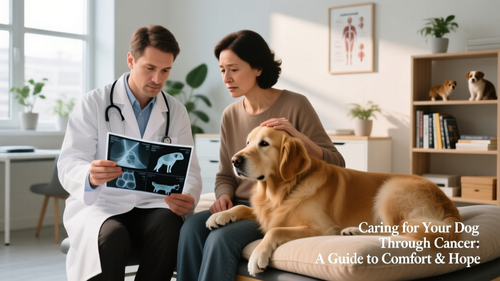 A veterinary oncologist reviewing imaging scans with a concerned pet parent in a calm clinic setting