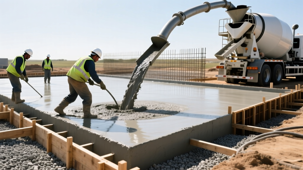 Construction crew pouring a thick reinforced concrete slab-on-grade foundation over a compacted gravel base and vapor barrier
