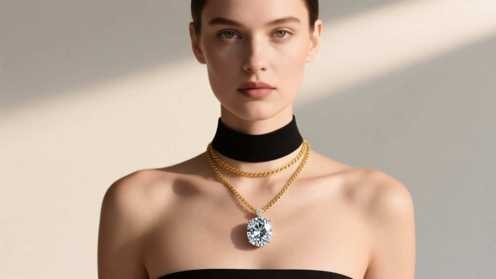 Model wearing a layered stack with a choker, an 18-inch single stone diamond pendant, and a gold chain in soft lighting