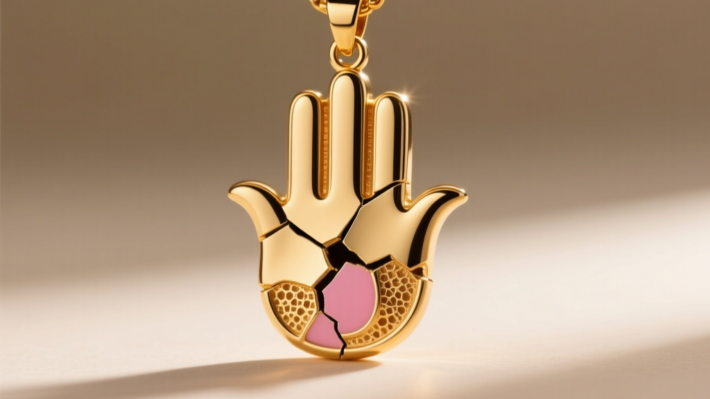 Macro shot of a broken gold vermeil Hamsa hand pendant revealing the porous metal fracture point at the base of the pinky finger.