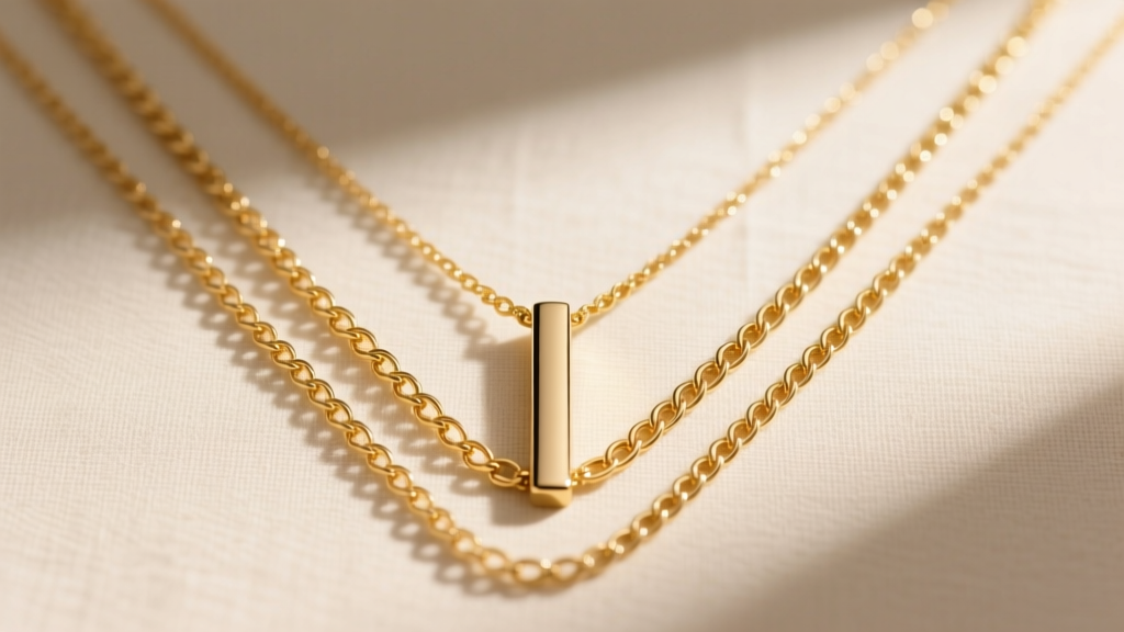 Three layered gold chains forming a deep V-shape with a vertical bar pendant, photographed against a neutral linen background