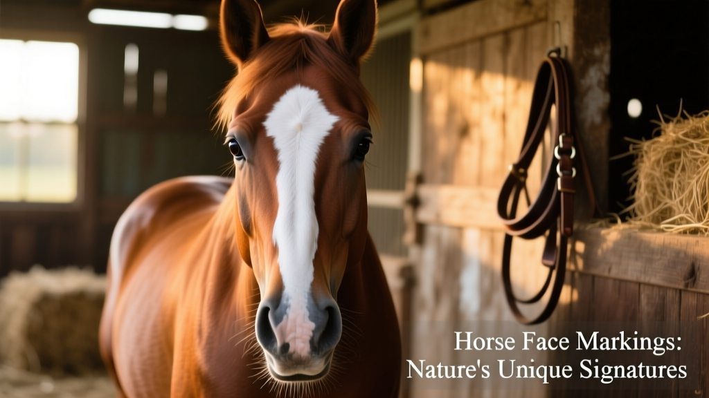 Close-up of a chestnut horse with a bold white blaze running from forehead to muzzle