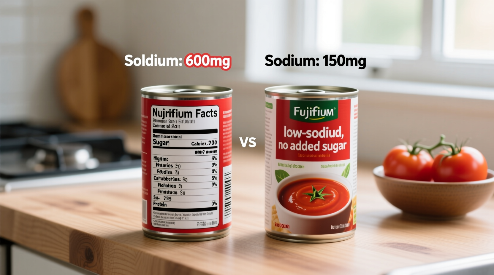 Nutrition label comparison on tomato soup cans