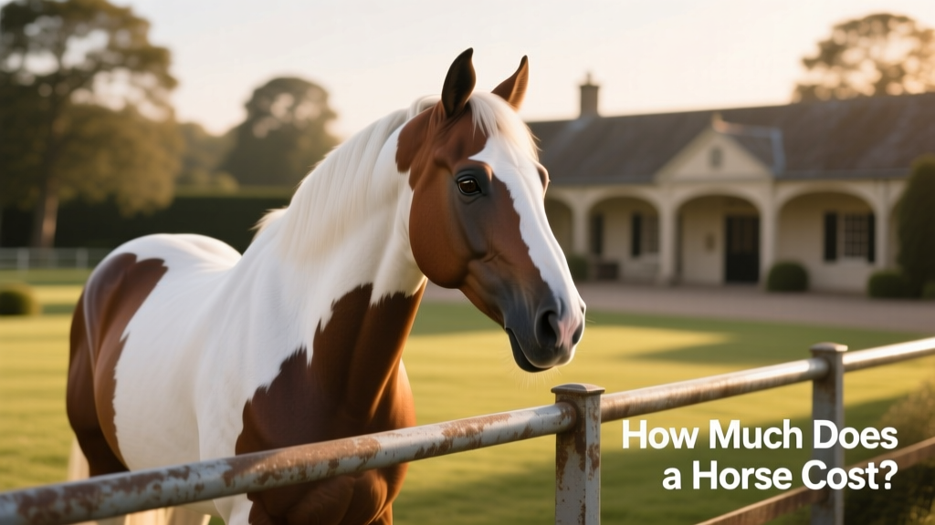 A calm, well-groomed horse with white and brown patches on its face, looking over a metal railing
