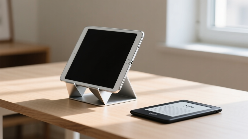 A minimalist desk setup featuring an iPad Pro on an ultra-thin origami stand next to a Kindle Scribe, highlighting space-saving design.