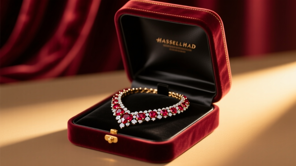 Velvet display box opening to reveal a dazzling ruby and diamond heart-shaped collar necklace under warm spotlight, cinematic mood