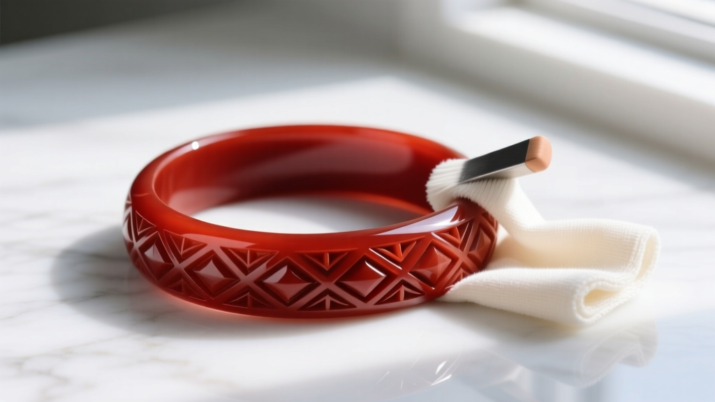 A carved cherry-red Bakelite bangle bracelet being gently polished with a soft microfiber cloth on a clean white marble surface