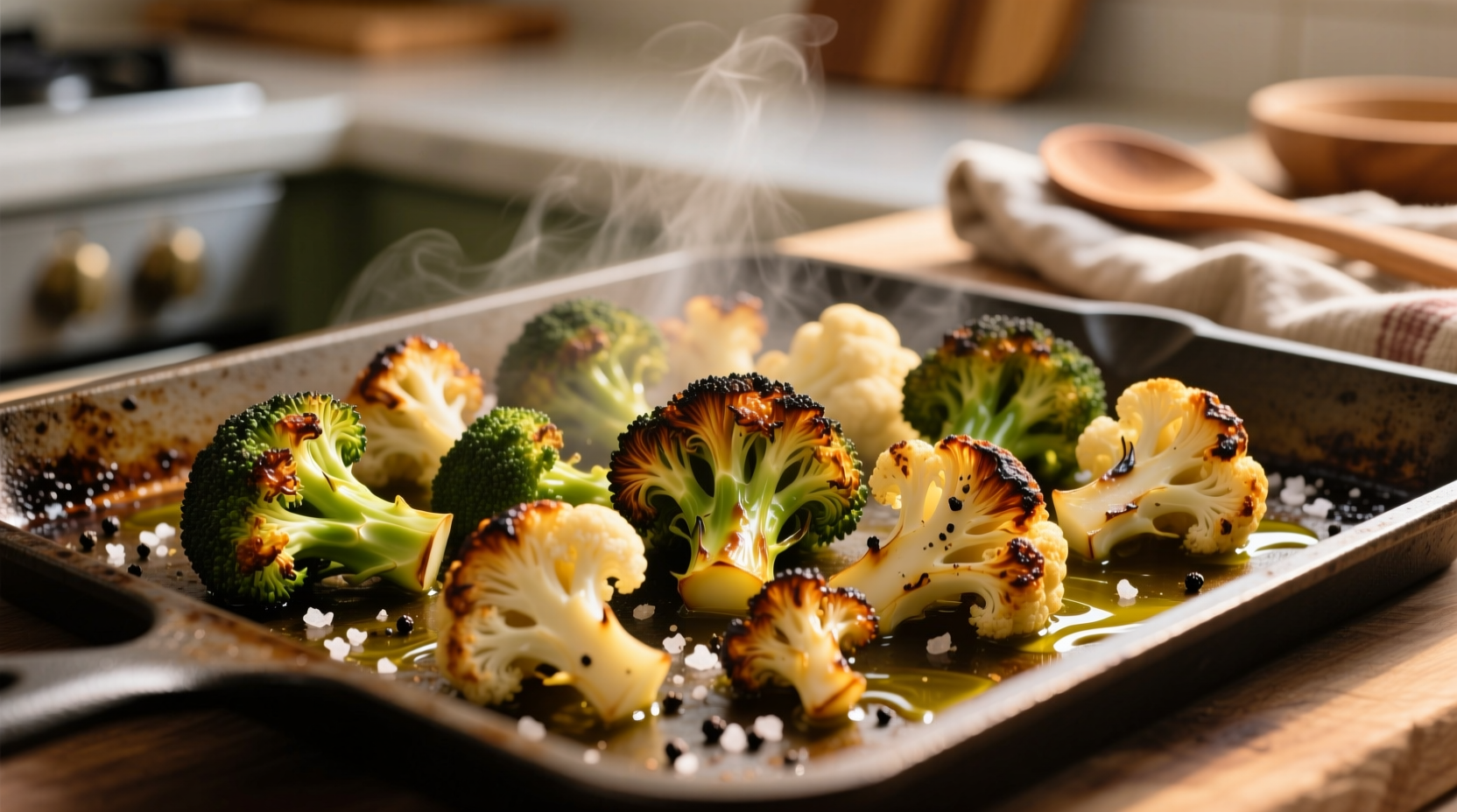 Golden roasted broccoli and cauliflower on sheet pan