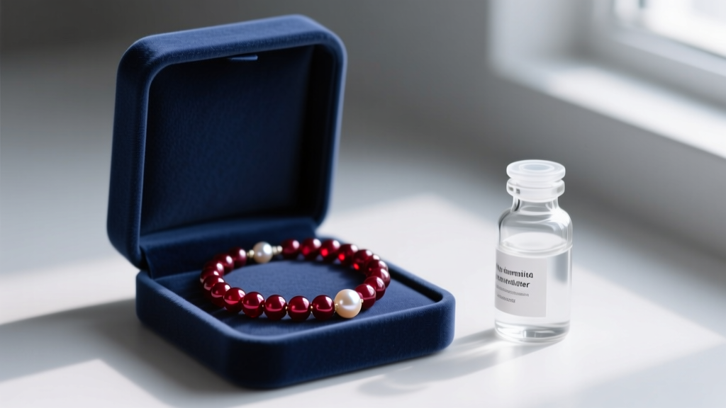 Repaired garnet pearl necklace coiled in a microfiber-lined jewelry box beside a small bottle of gentle, non-ammonia pearl cleaner.