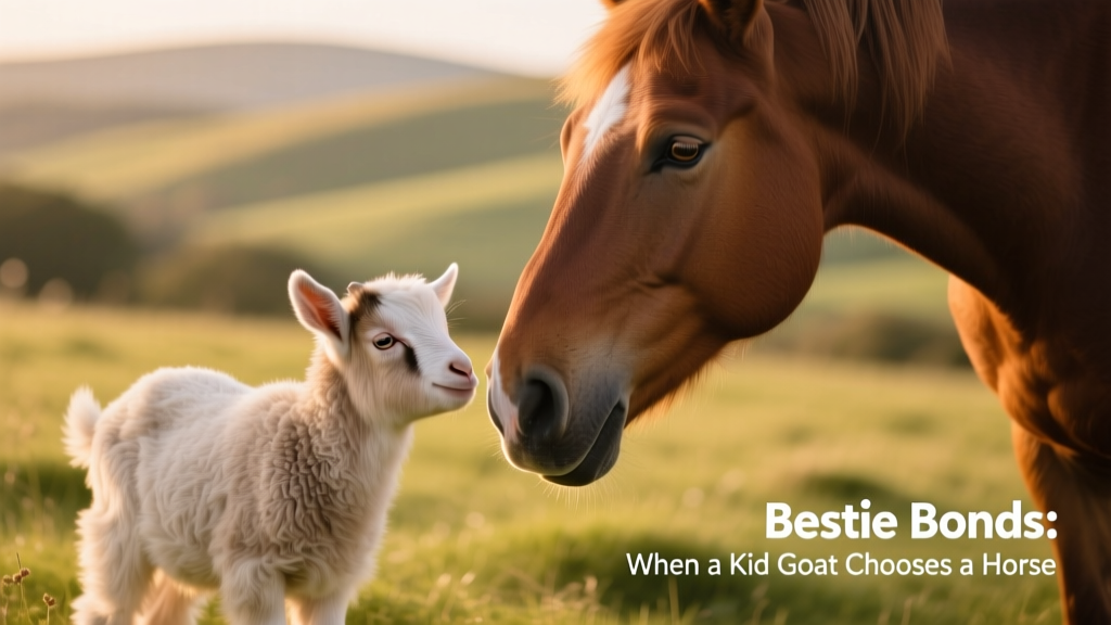 Side-by-side portrait of the baby goat and Rowan the horse, both looking peacefully toward the camera