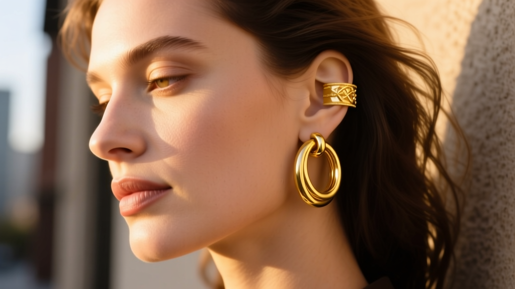 Close-up portrait of a woman wearing layered 14k yellow gold huggies and an 18k gold ear cuff in warm golden hour sunlight