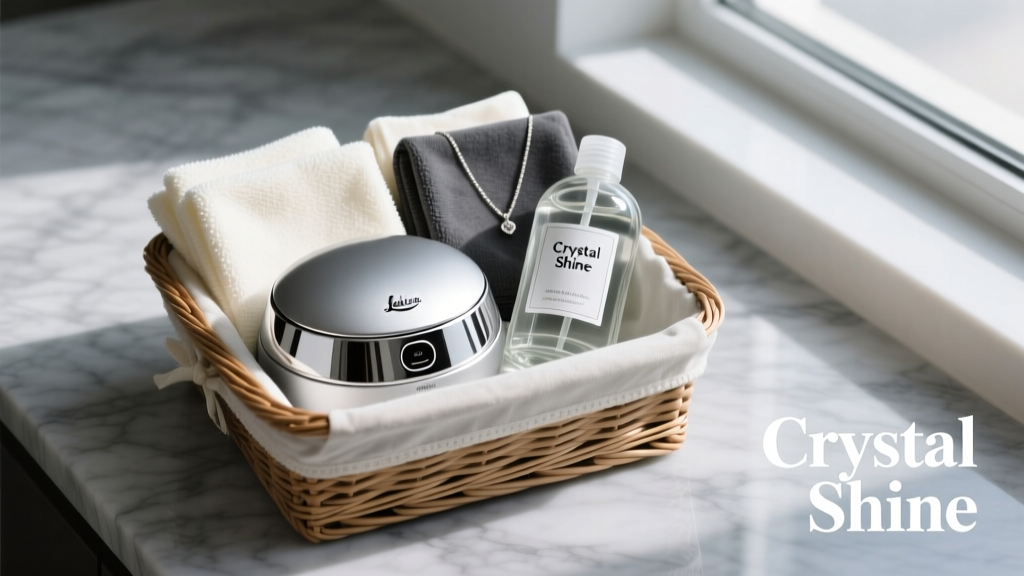 Gift basket with a sleek silver ultrasonic jewelry cleaner, folded microfiber cloths, and a glass cleaning bottle on marble.