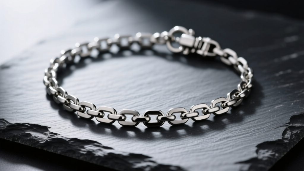 Macro shot of a Grade 23 titanium chain necklace on dark slate, highlighting the brushed grey finish and secure stainless steel lobster clasp.