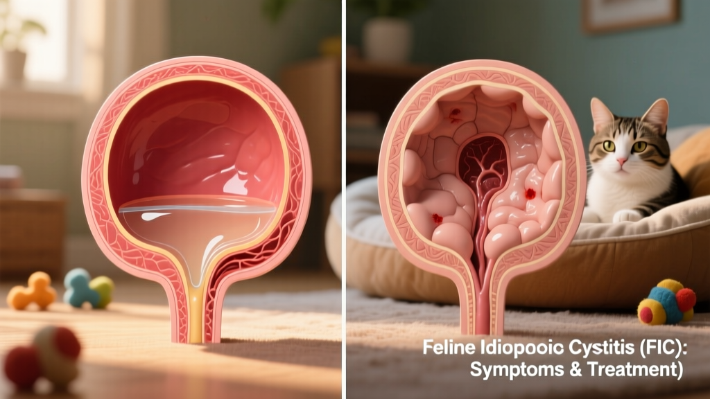 Illustrated cross-section of a healthy feline bladder next to one showing subtle inflammation and thickened lining