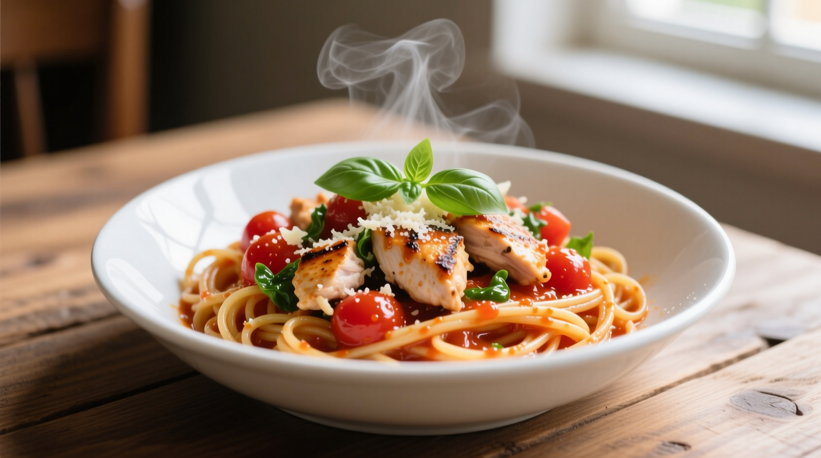 Fresh tomato basil chicken pasta in white bowl
