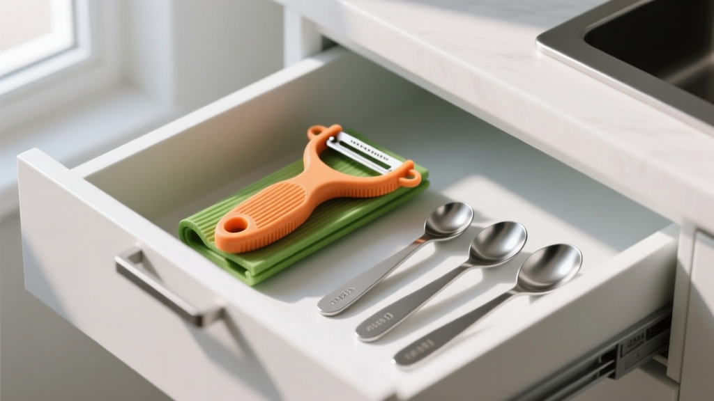 Folded 3D printed TPU-hinged vegetable peeler stored inside a small kitchen drawer next to stainless steel measuring spoons