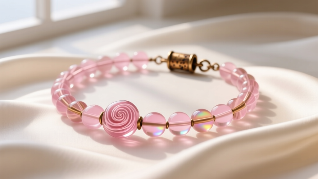 Flat lay of a vintage pink glass bead necklace on silk, featuring translucent rose Murano beads and a tarnished brass barrel clasp.