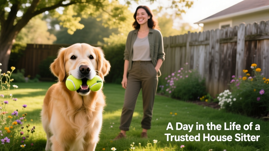Cody carrying two tennis balls in his mouth, looking proudly at Shira in the backyard