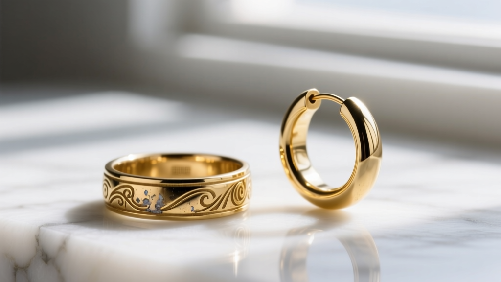 Worn gold vermeil ring showing faded inner plating beside a pristine gold vermeil huggie earring on a clean white marble surface.