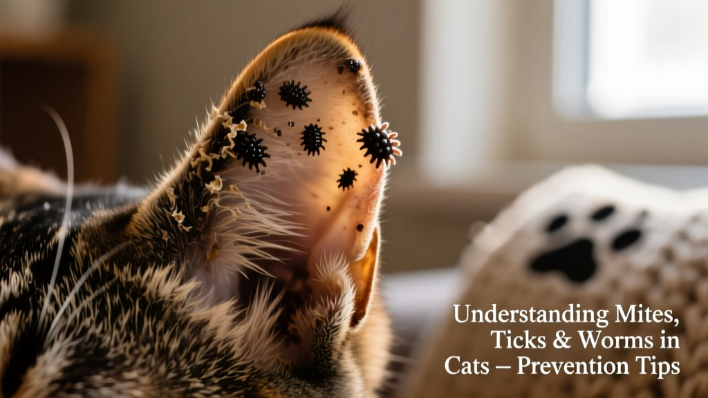 Close-up photo of a cat’s ear showing dark, waxy debris typical of ear mite infestation