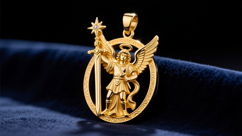 Macro shot of a 14k gold St Michael Archangel necklace pendant with sword, resting on dark navy velvet under warm studio lighting.