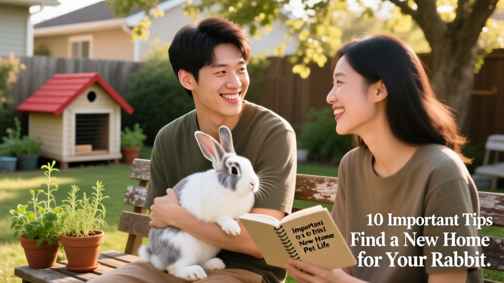 A person gently holding a calm, fluffy rabbit while smiling at a friend seated nearby