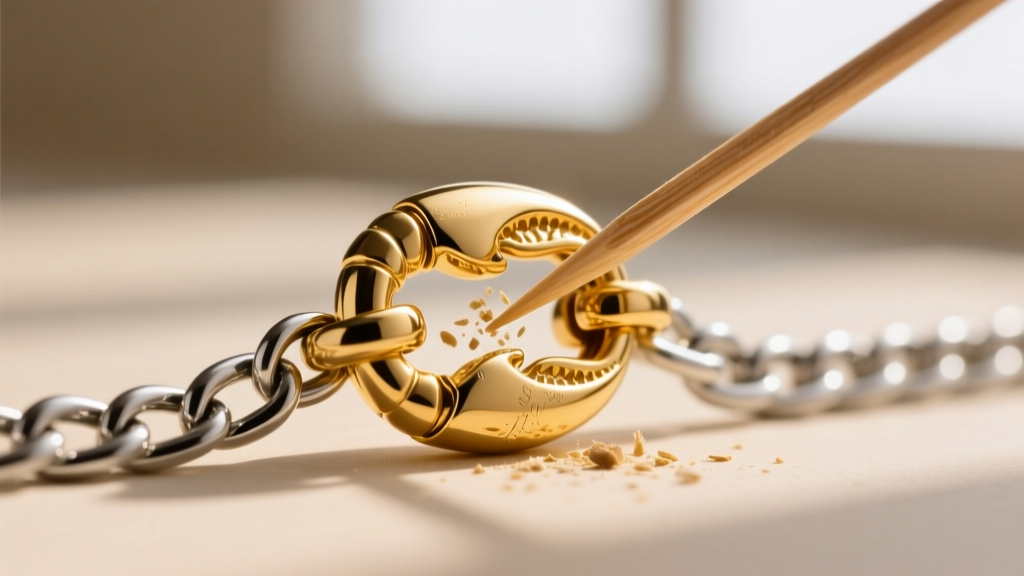 Macro shot of a gold lobster clasp on a 16 necklace chain, showing the lever being cleared of debris with a wooden toothpick.