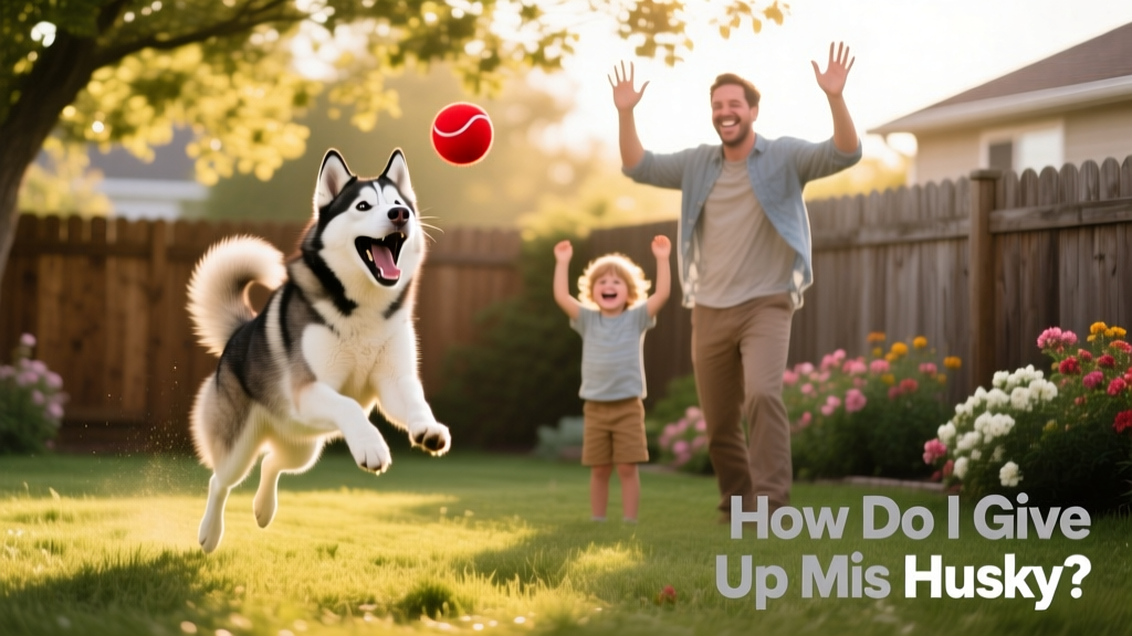A happy Husky playing fetch with a smiling adult and child in a fenced backyard