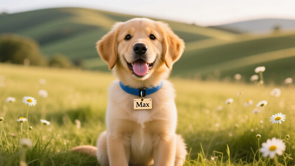A joyful golden retriever puppy sitting on a sunlit grassy field, wearing a simple blue collar