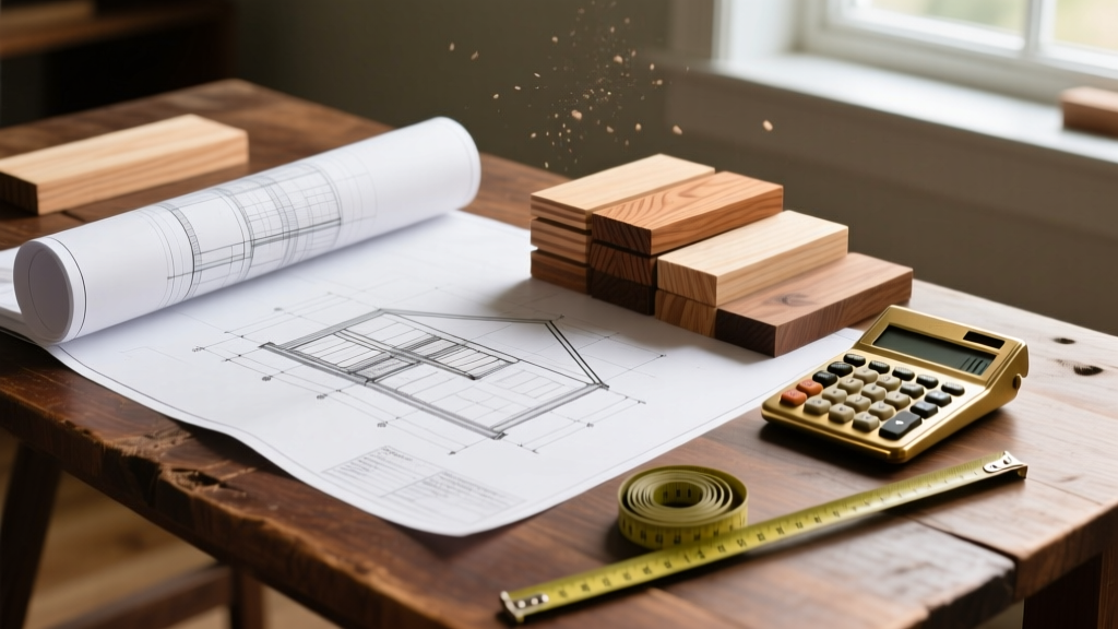 Architectural blueprints spread across a wooden table next to a calculator, measuring tape, and raw lumber samples for a new home build