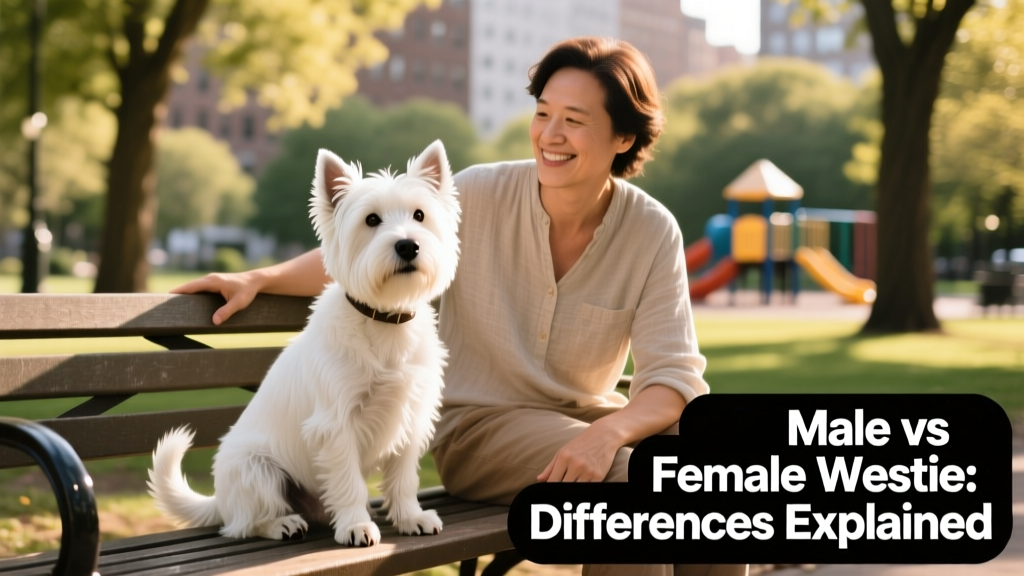 A neutered male Westie sitting calmly beside his owner on a park bench, looking relaxed and engaged