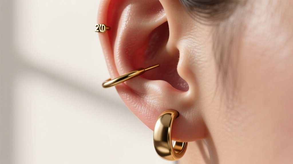 Side view of a heavy brass earring pulling on a 20g earlobe piercing, showing tension and stretching on the soft ear lobe tissue