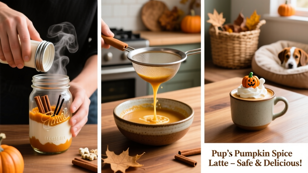 Step-by-step collage showing the shaking process, straining into a bowl, and final presentation with whipped cream and dental treat garnish