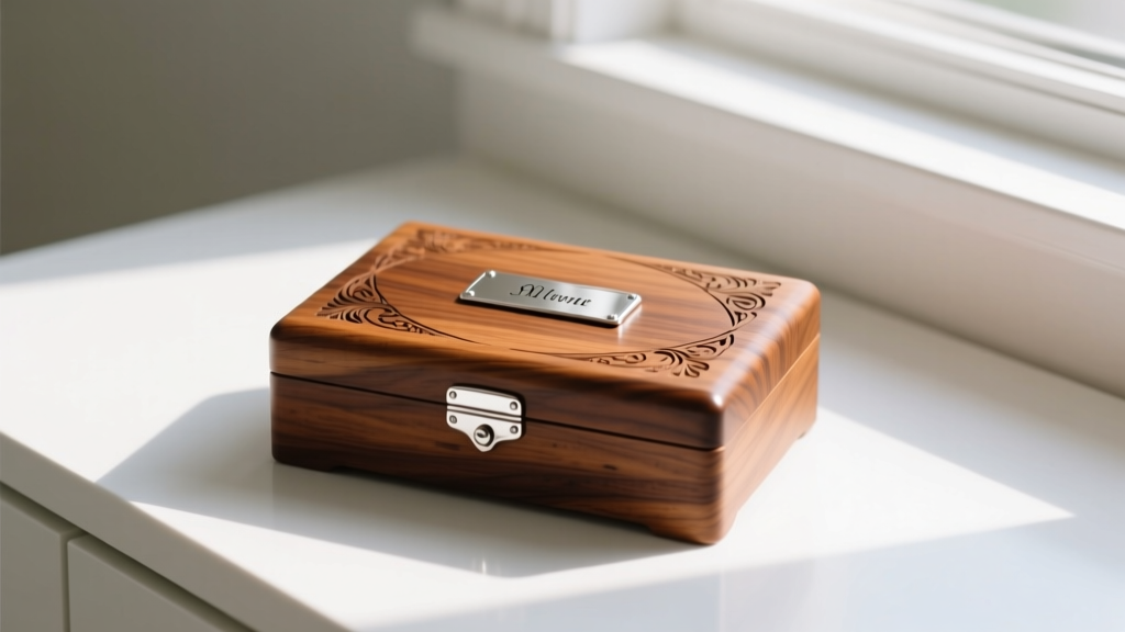 Engraved walnut personalized jewelry box for girl on a white vanity, soft morning light illuminating the silver nameplate.
