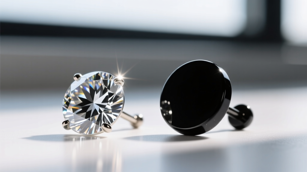 Split macro photo of a diamond stud causing flash glare beside a matte black acrylic stud showing absolutely zero reflection.