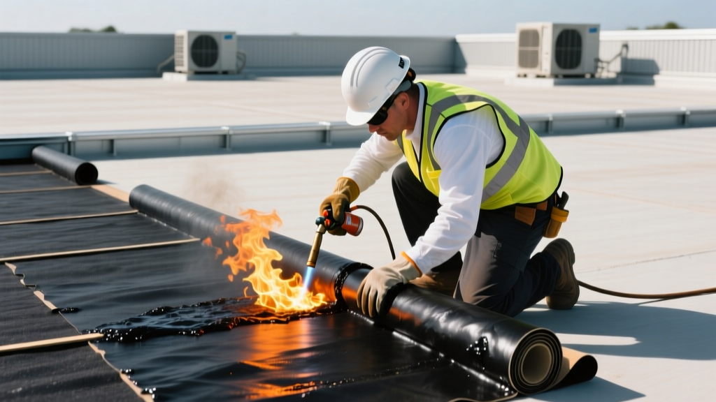 Roofing contractor using a propane torch to melt seams of black modified bitumen rolls on a flat commercial roof deck