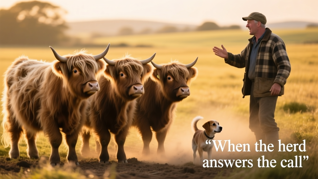 A small group of shaggy Highland cows standing together in a sunlit field, looking attentively toward the farmer