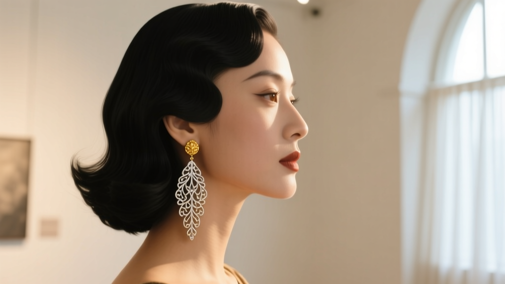 Side profile of a woman wearing long 1920s filigree dangle earrings brushing her jawline under soft, warm gallery lighting