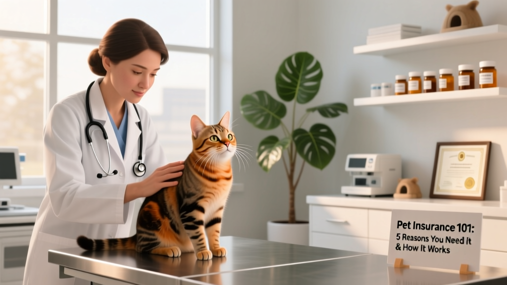 A veterinarian gently examining a tabby cat during a routine check-up in a bright, clean clinic