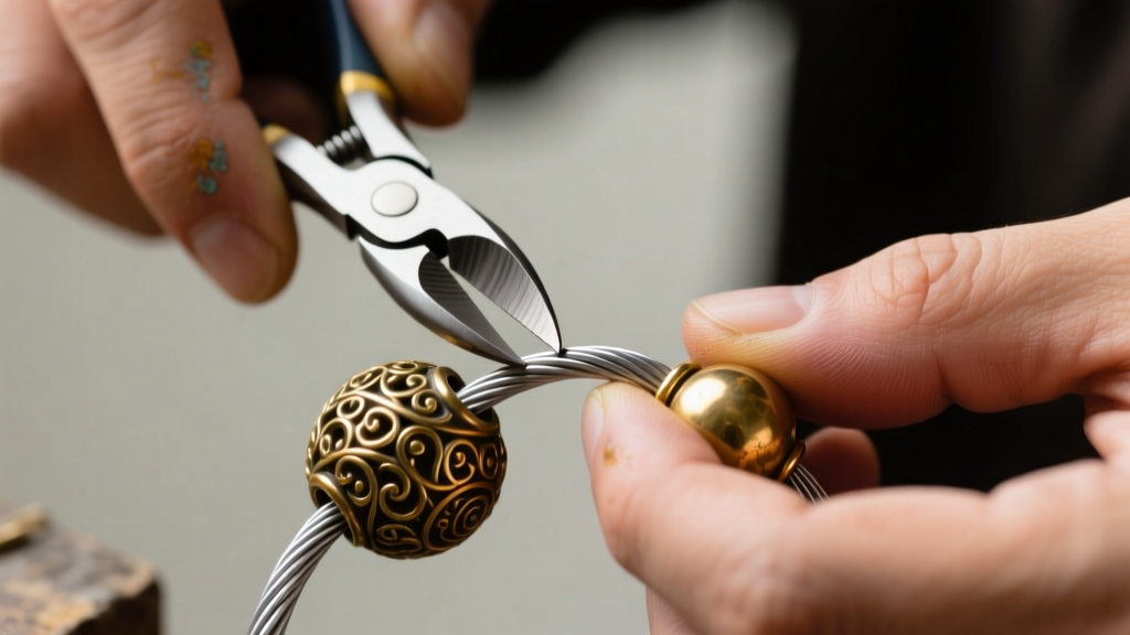 Jeweler hands using flush cutters to trim coated stainless steel beading wire threaded through heavy, ornate vintage brass beads.