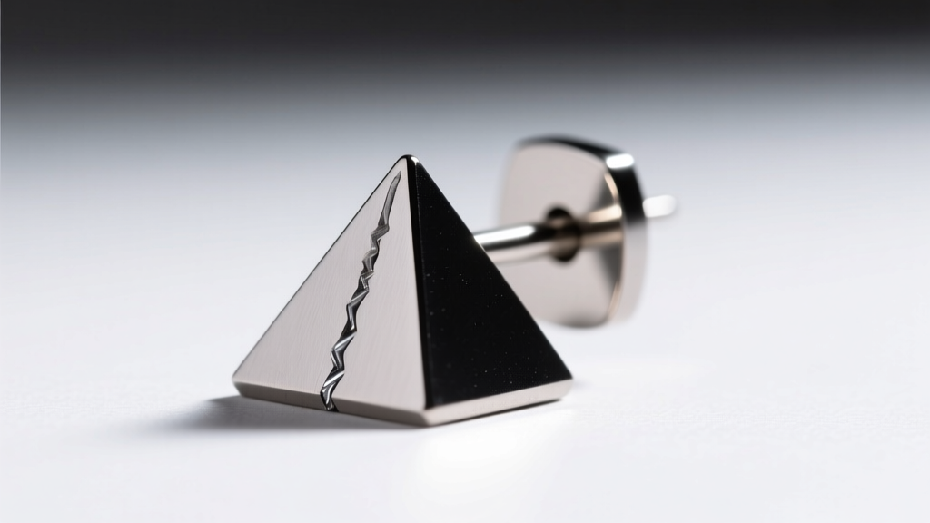 Macro photo of an ASTM F136 titanium pyramid earring post and backing, showing the seamless laser weld at the flat geometric base.